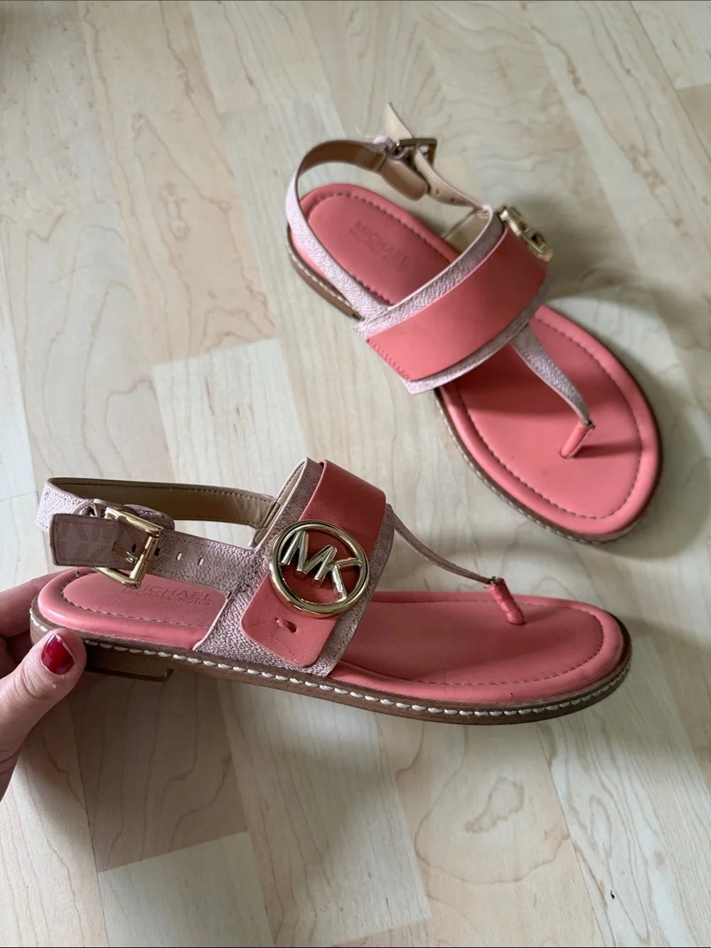 Michael Kors Coral Pink Leather T-Strap Sandals with Gold MK Accent